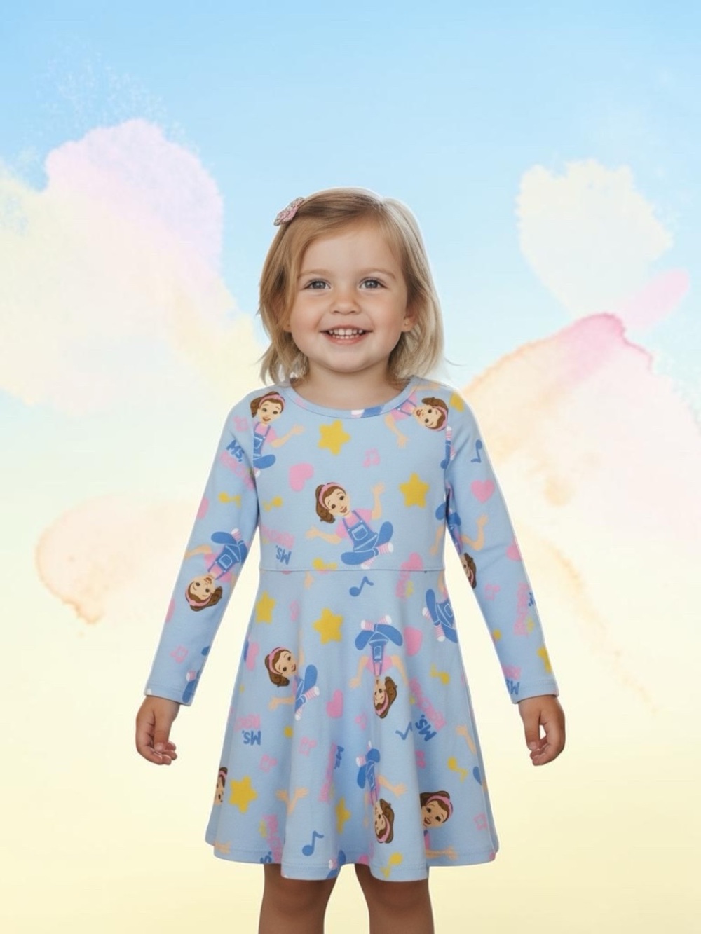 Ms. Rachel Light Blue Whimsical And Heart Print Long-Sleeve Twirl Dress